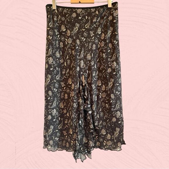 Vintage 90s brown paisley skirt lettuce hem ruffled - Picture 5 of 13